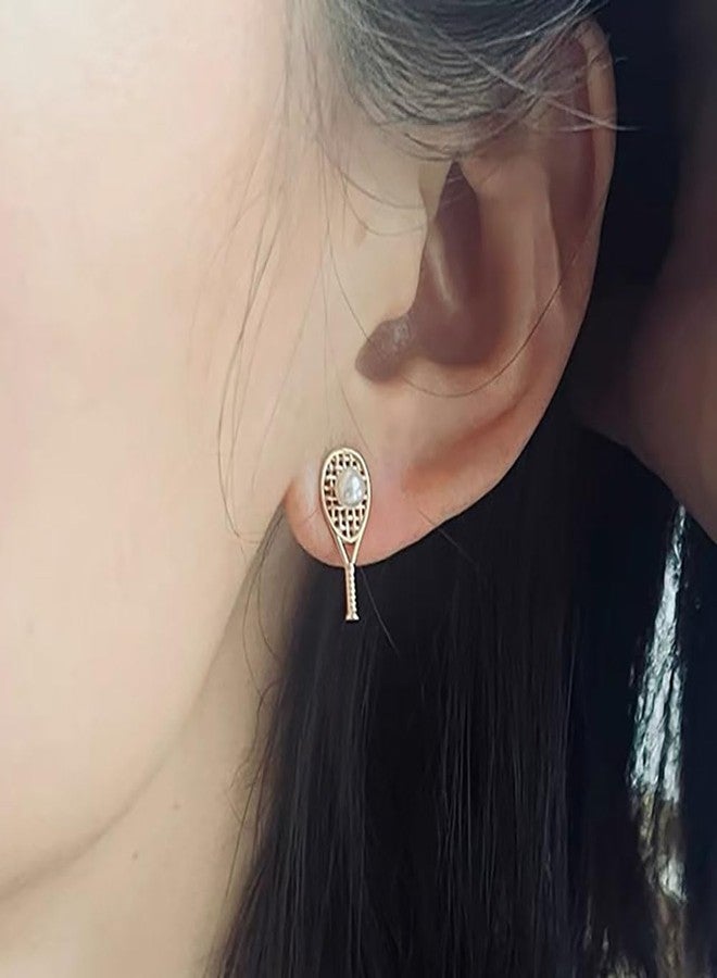 Cykdohy Tennis Racket Stud Earrings For Women Men Gold-Plated Fashion Statement Hollow Racquet Simple Imitation Pearl Ball Earring Sporty Lover Jewelry for Player Fan - Image 5